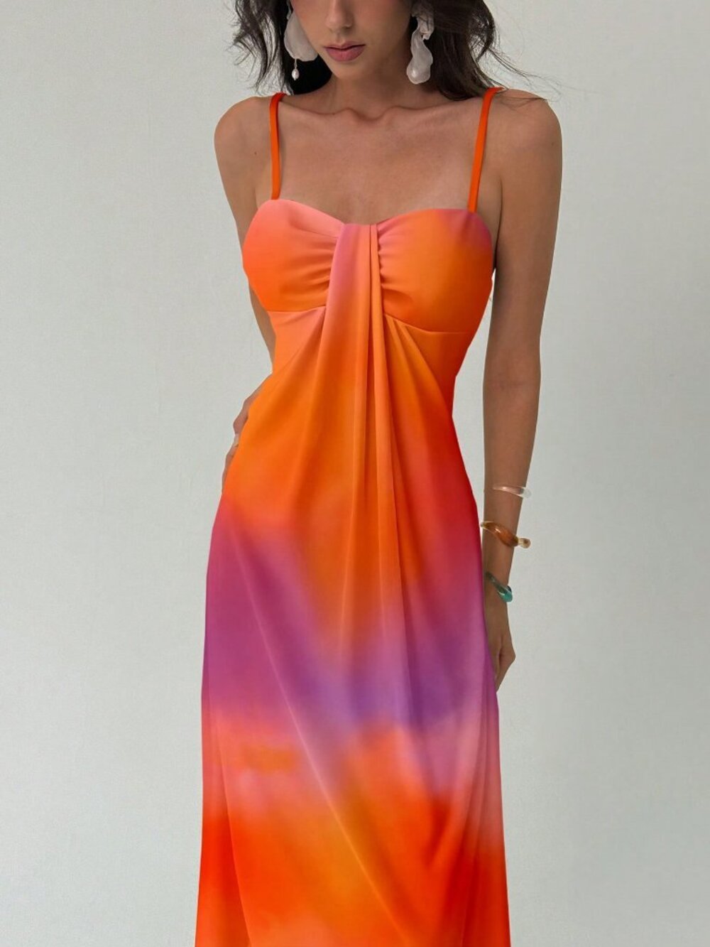 Orange Boho Women's Elegant Tie-Dye Print Slip Dress - Picture 5 of 9